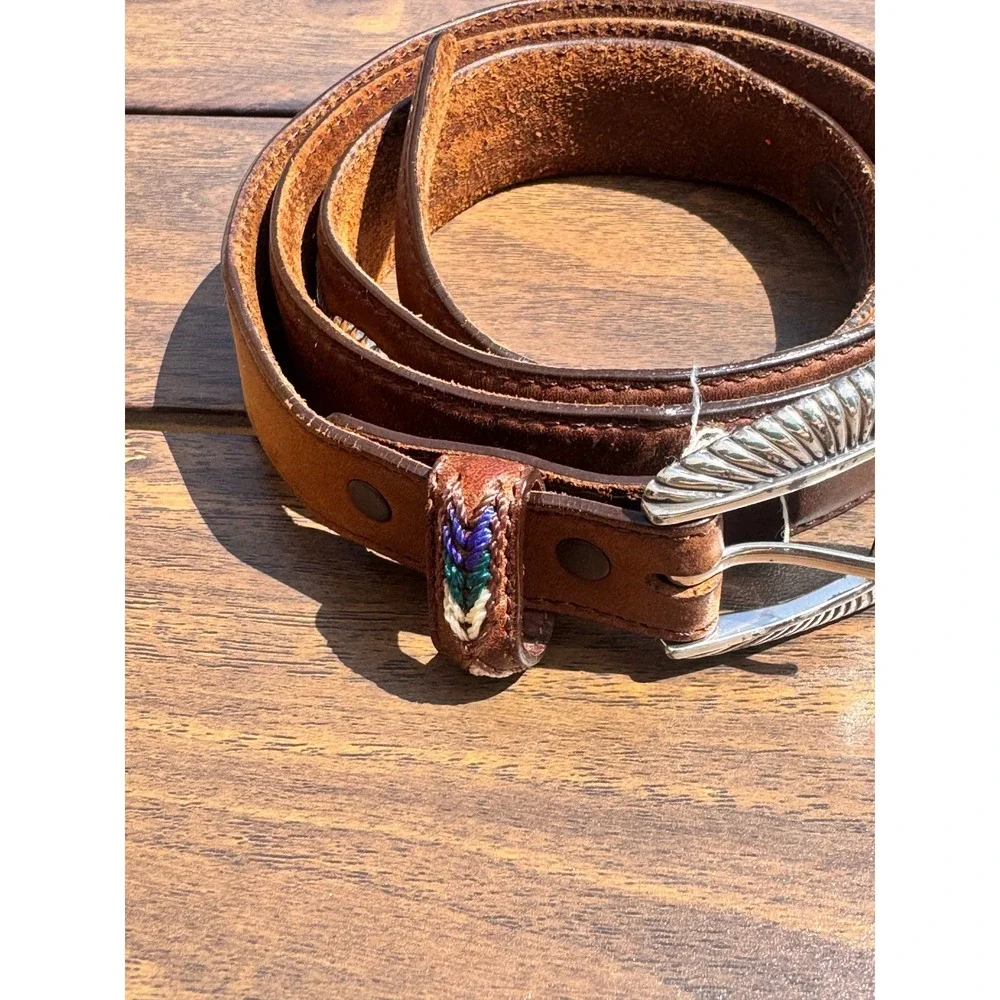 Tony Lama Mens Brown Leather Western Belt Embroidered Concho Silver Buckle 42